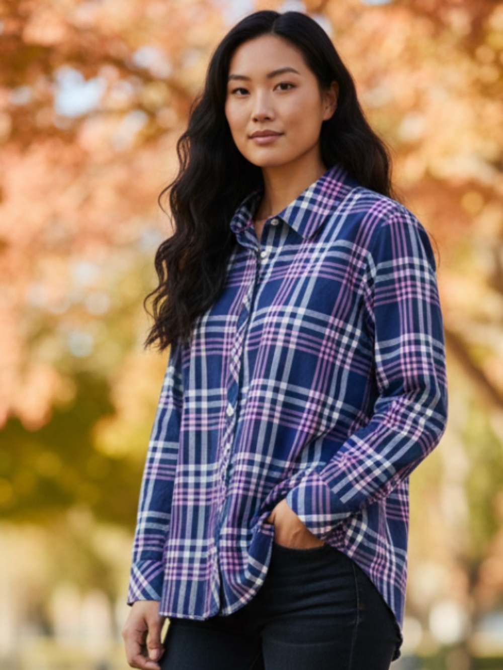 Talbots Shirt Top Blouse Button Down Sz 2X XXL 18 20 Plaid Blue Pink Fall Chic!!